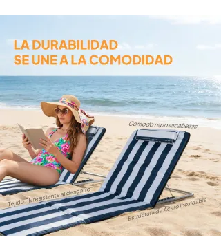 Conjunto de 2 Esterillas con Respaldo Reclinable Reposacabezas y Bolsa de Transporte 134x48x33-43 cm Blanco y Azul