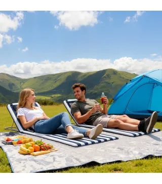 Conjunto de 2 Esterillas con Respaldo Reclinable Reposacabezas y Bolsa de Transporte 134x48x33-43 cm Blanco y Azul