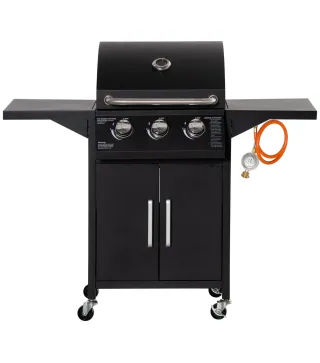 Barbacoa de Gas con 3 Quemadores 8,7 KW con 2 Mesas Laterales Armario de 2 Puertas 4 Ruedas y Frenos 121x55x109 cm Negro