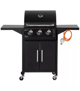 Barbacoa de Gas con 3 Quemadores 8,7 KW con 2 Mesas Laterales Armario de 2 Puertas 4 Ruedas y Frenos 121x55x109 cm Negro