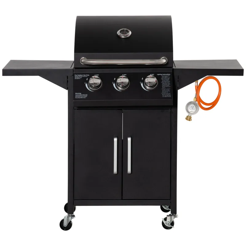 Barbacoa de Gas con 3 Quemadores 8,7 KW con 2 Mesas Laterales Armario de 2 Puertas 4 Ruedas y Frenos 121x55x109 cm Negro