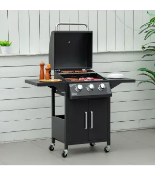Barbacoa de Gas con 3 Quemadores 8,7 KW con 2 Mesas Laterales Armario de 2 Puertas 4 Ruedas y Frenos 121x55x109 cm Negro