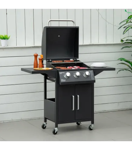 Barbacoa de Gas con 3 Quemadores 8,7 KW con 2 Mesas Laterales Armario de 2 Puertas 4 Ruedas y Frenos 121x55x109 cm Negro