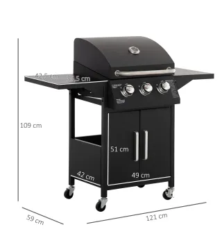 Barbacoa de Gas con 3 Quemadores 8,7 KW con 2 Mesas Laterales Armario de 2 Puertas 4 Ruedas y Frenos 121x55x109 cm Negro