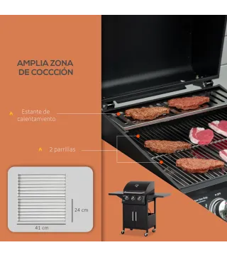 Barbacoa de Gas con 3 Quemadores 8,7 KW con 2 Mesas Laterales Armario de 2 Puertas 4 Ruedas y Frenos 121x55x109 cm Negro