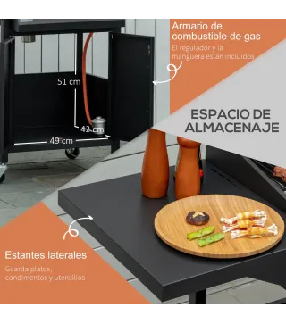 Barbacoa de Gas con 3 Quemadores 8,7 KW con 2 Mesas Laterales Armario de 2 Puertas 4 Ruedas y Frenos 121x55x109 cm Negro