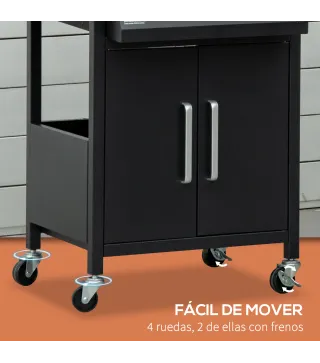 Barbacoa de Gas con 3 Quemadores 8,7 KW con 2 Mesas Laterales Armario de 2 Puertas 4 Ruedas y Frenos 121x55x109 cm Negro