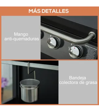 Barbacoa de Gas con 3 Quemadores 8,7 KW con 2 Mesas Laterales Armario de 2 Puertas 4 Ruedas y Frenos 121x55x109 cm Negro