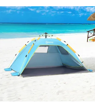 Carpa de Playa Pop-up para 1-2 Personas con 2 Accesos y 2 Ventanas y Bolsa de Transporte 220x173x120 cm Azul Claro