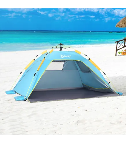 Carpa de Playa Pop-up para 1-2 Personas con 2 Accesos y 2 Ventanas y Bolsa de Transporte 220x173x120 cm Azul Claro
