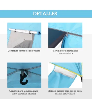 Carpa de Playa Pop-up para 1-2 Personas con 2 Accesos y 2 Ventanas y Bolsa de Transporte 220x173x120 cm Azul Claro