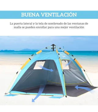 Carpa de Playa Pop-up para 1-2 Personas con 2 Accesos y 2 Ventanas y Bolsa de Transporte 220x173x120 cm Azul Claro
