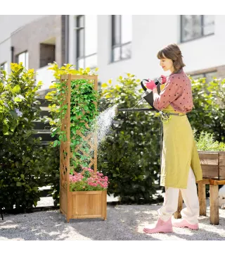 Jardinera con Enrejado de Madera para Trepadoras Plantas Flores Decoración en Esquinas 40x40x145 cm Natural