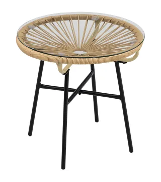 Mesa Auxiliar de Ratán Sintético Redonda para Exteriores con Encimera de Vidrio Templado Ø50x50 cm Beige