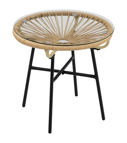 Mesa Auxiliar de Ratán Sintético Redonda para Exteriores con Encimera de Vidrio Templado Ø50x50 cm Beige
