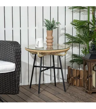 Mesa Auxiliar de Ratán Sintético Redonda para Exteriores con Encimera de Vidrio Templado Ø50x50 cm Beige