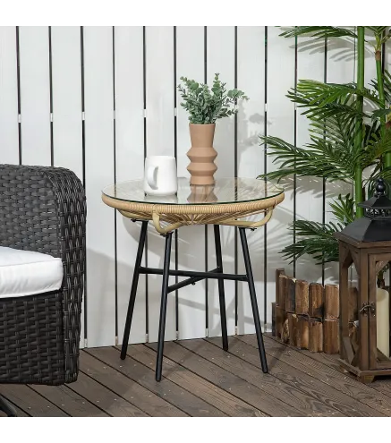 Mesa Auxiliar de Ratán Sintético Redonda para Exteriores con Encimera de Vidrio Templado Ø50x50 cm Beige