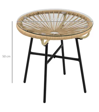 Mesa Auxiliar de Ratán Sintético Redonda para Exteriores con Encimera de Vidrio Templado Ø50x50 cm Beige