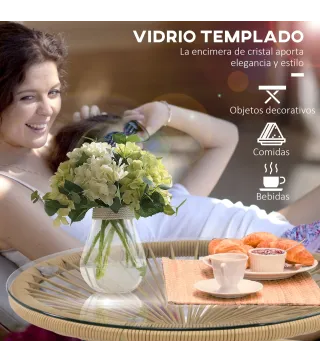 Mesa Auxiliar de Ratán Sintético Redonda para Exteriores con Encimera de Vidrio Templado Ø50x50 cm Beige