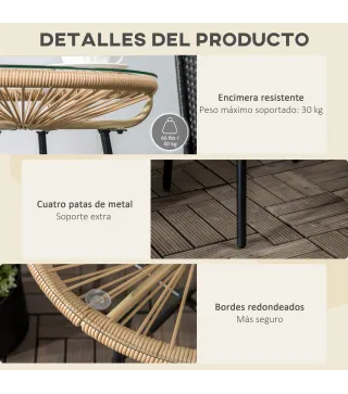 Mesa Auxiliar de Ratán Sintético Redonda para Exteriores con Encimera de Vidrio Templado Ø50x50 cm Beige