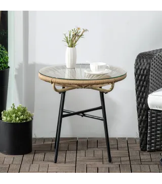 Mesa Auxiliar de Ratán Sintético Redonda para Exteriores con Encimera de Vidrio Templado Ø50x50 cm Beige
