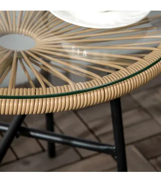 Mesa Auxiliar de Ratán Sintético Redonda para Exteriores con Encimera de Vidrio Templado Ø50x50 cm Beige
