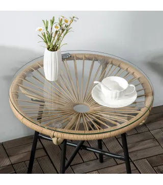 Mesa Auxiliar de Ratán Sintético Redonda para Exteriores con Encimera de Vidrio Templado Ø50x50 cm Beige