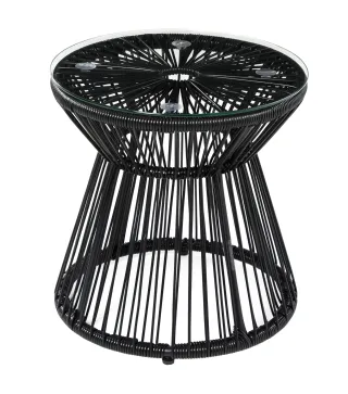Mesa de Jardín de Ratán Sintético Redonda con Encimera de Cristal y Marco de Metal Carga 30 kg Ø40x42 cm Negro