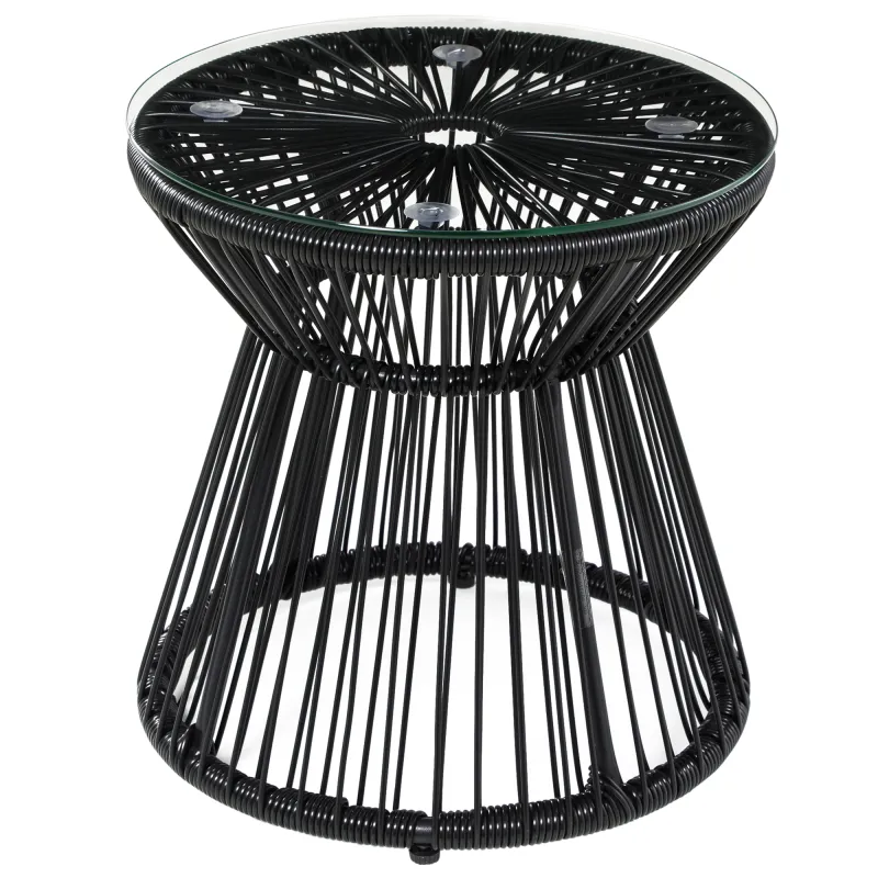 Mesa de Jardín de Ratán Sintético Redonda con Encimera de Cristal y Marco de Metal Carga 30 kg Ø40x42 cm Negro