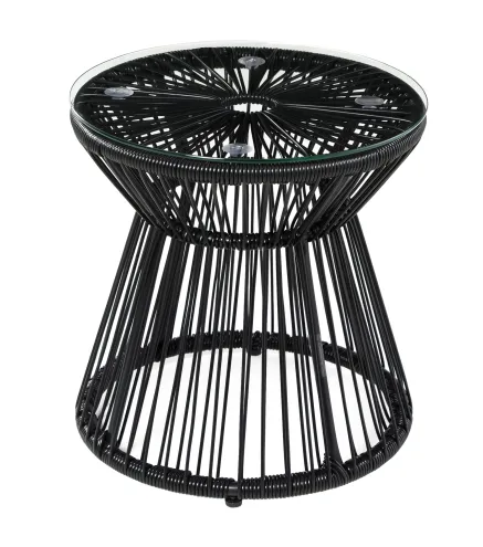 Mesa de Jardín de Ratán Sintético Redonda con Encimera de Cristal y Marco de Metal Carga 30 kg Ø40x42 cm Negro