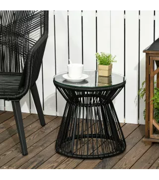 Mesa de Jardín de Ratán Sintético Redonda con Encimera de Cristal y Marco de Metal Carga 30 kg Ø40x42 cm Negro