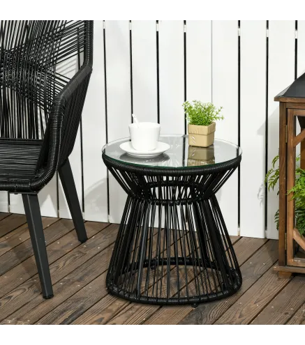 Mesa de Jardín de Ratán Sintético Redonda con Encimera de Cristal y Marco de Metal Carga 30 kg Ø40x42 cm Negro