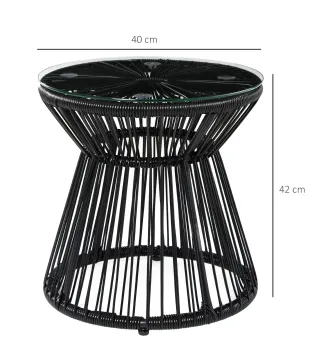 Mesa de Jardín de Ratán Sintético Redonda con Encimera de Cristal y Marco de Metal Carga 30 kg Ø40x42 cm Negro