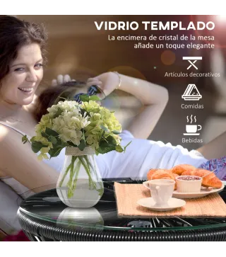 Mesa de Jardín de Ratán Sintético Redonda con Encimera de Cristal y Marco de Metal Carga 30 kg Ø40x42 cm Negro