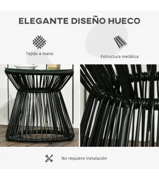 Mesa de Jardín de Ratán Sintético Redonda con Encimera de Cristal y Marco de Metal Carga 30 kg Ø40x42 cm Negro