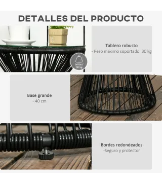 Mesa de Jardín de Ratán Sintético Redonda con Encimera de Cristal y Marco de Metal Carga 30 kg Ø40x42 cm Negro