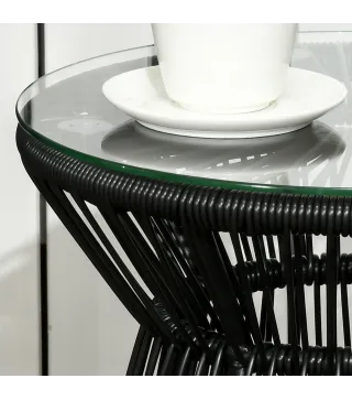 Mesa de Jardín de Ratán Sintético Redonda con Encimera de Cristal y Marco de Metal Carga 30 kg Ø40x42 cm Negro