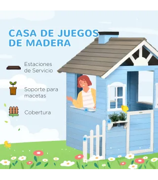 Casita Infantil de Madera Casa de Juegos Exterior para Niños de 3-7 Años 51x112,5x142 cm Azul