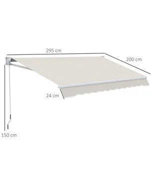 Toldo de Pared Apertura Manual de Aluminio y Poliéster UV50+ para Exterior con Manivela 200x295 cm Blanco Crema