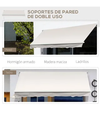 Toldo de Pared Apertura Manual de Aluminio y Poliéster UV50+ para Exterior con Manivela 200x295 cm Blanco Crema