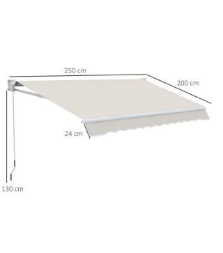 Toldo de Pared Apertura Manual de Aluminio y Poliéster UV50+ para Exterior con Manivela 200x250 cm Blanco Crema