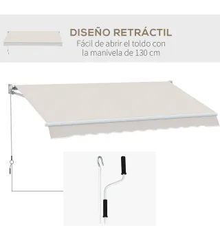 Toldo de Pared Apertura Manual de Aluminio y Poliéster UV50+ para Exterior con Manivela 200x250 cm Blanco Crema
