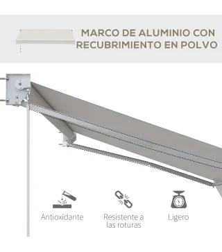 Toldo de Pared Apertura Manual de Aluminio y Poliéster UV50+ para Exterior con Manivela 200x250 cm Blanco Crema
