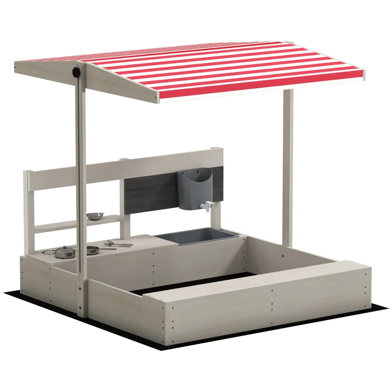 Arenero de Madera para Niños con Techo Regulable con Juguetes de Cocina Juego para Niños de 3-7 Años 114x110x110 cm Gris