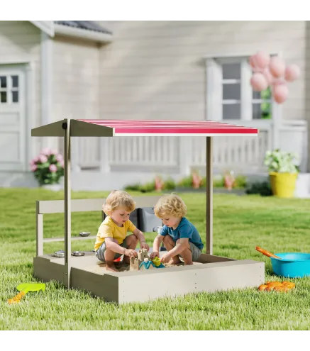 Arenero de Madera para Niños con Techo Regulable con Juguetes de Cocina Juego para Niños de 3-7 Años 114x110x110 cm Gris