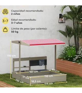 Arenero de Madera para Niños con Techo Regulable con Juguetes de Cocina Juego para Niños de 3-7 Años 114x110x110 cm Gris
