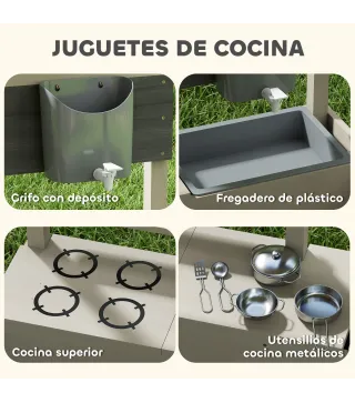 Arenero de Madera para Niños con Techo Regulable con Juguetes de Cocina Juego para Niños de 3-7 Años 114x110x110 cm Gris