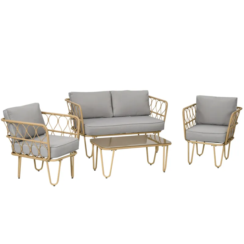 Conjunto de Jardín de Ratán Sintético con Sofá Doble 2 Sillones y Mesa de Centro con Encimera de Cristal y Cojines