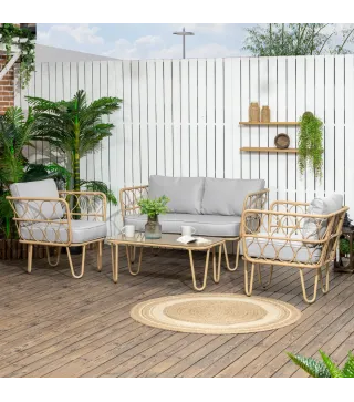 Conjunto de Jardín de Ratán Sintético con Sofá Doble 2 Sillones y Mesa de Centro con Encimera de Cristal y Cojines