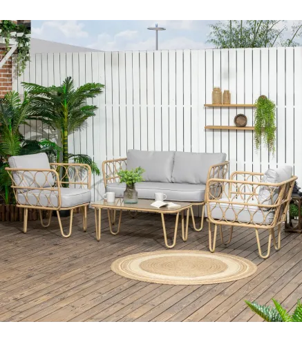 Conjunto de Jardín de Ratán Sintético con Sofá Doble 2 Sillones y Mesa de Centro con Encimera de Cristal y Cojines